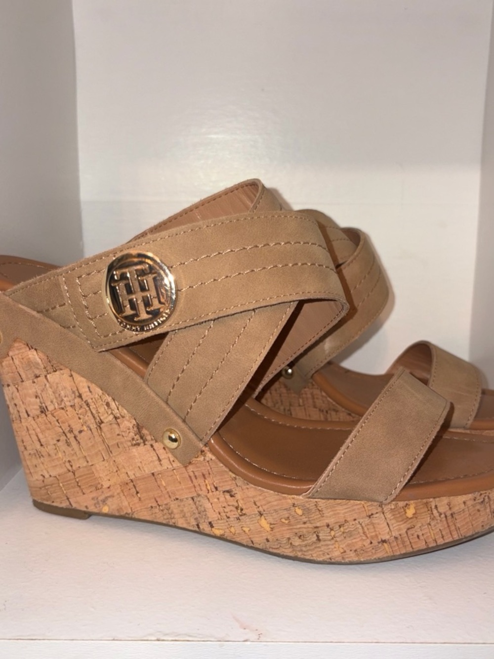 Tommy Hilfiger Tan Cork Wedge Sandals with Gold Logo